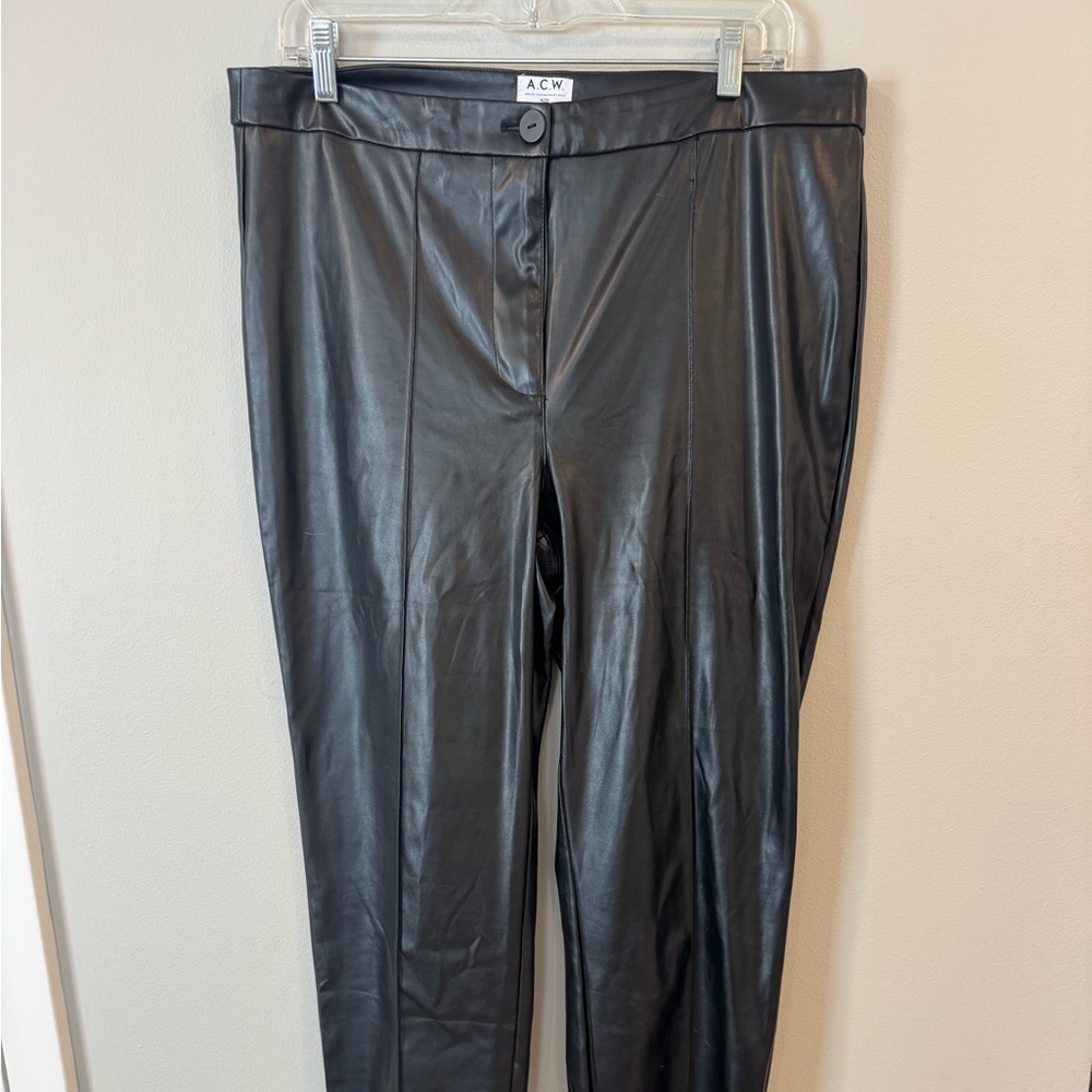 A.C.W. Faux Leather Pants Womens XL Black Straight Leg Slit in Front